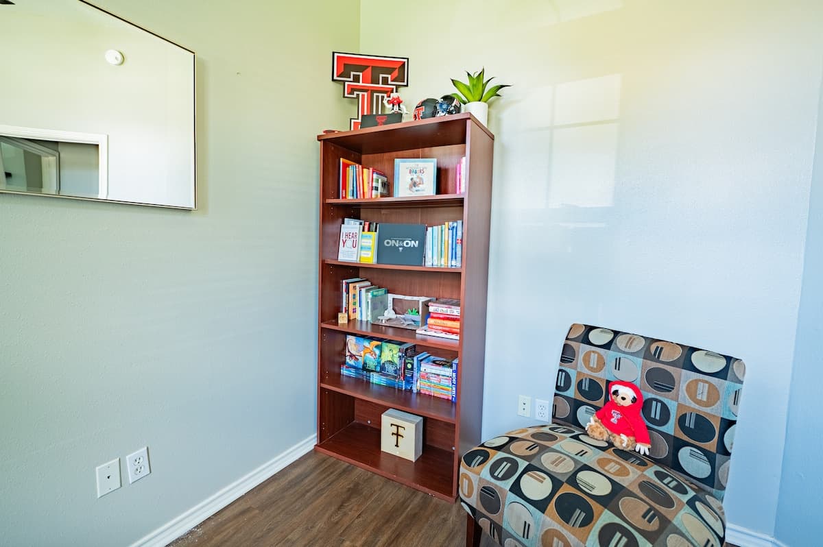 Home office with seating area.
