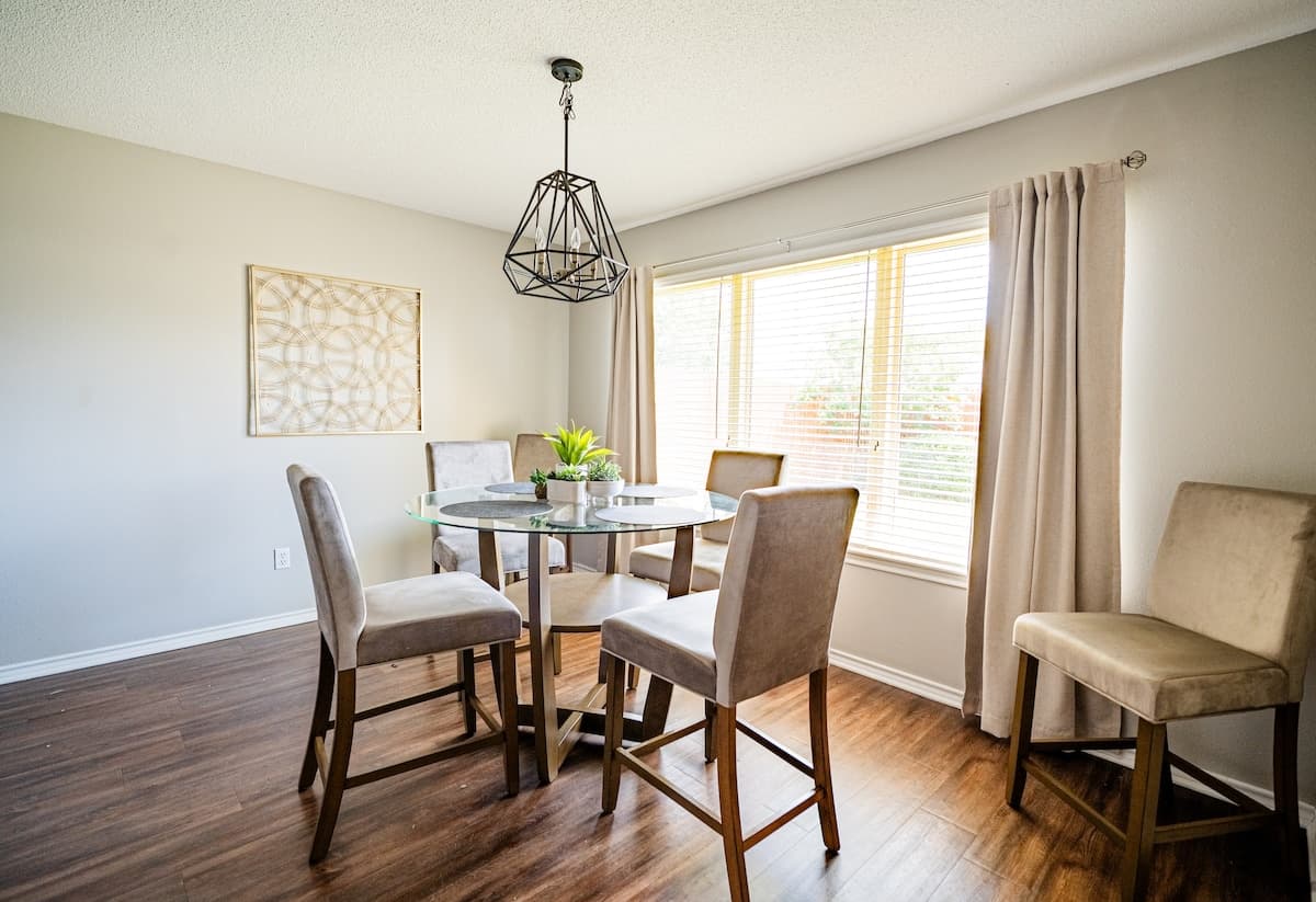 Dining room with seating for six people.