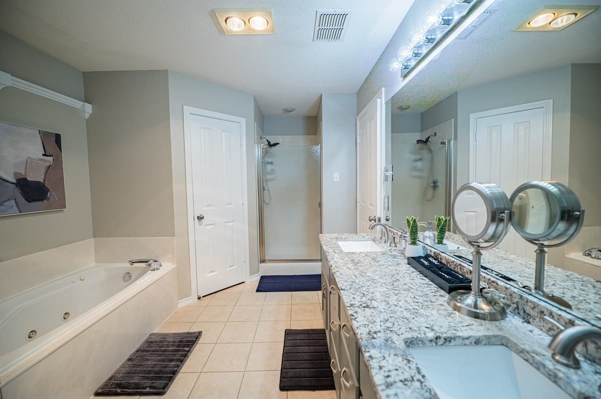 Primary bathroom, with dual sinks, a walk-in closet, a shower, and a soaking tub.